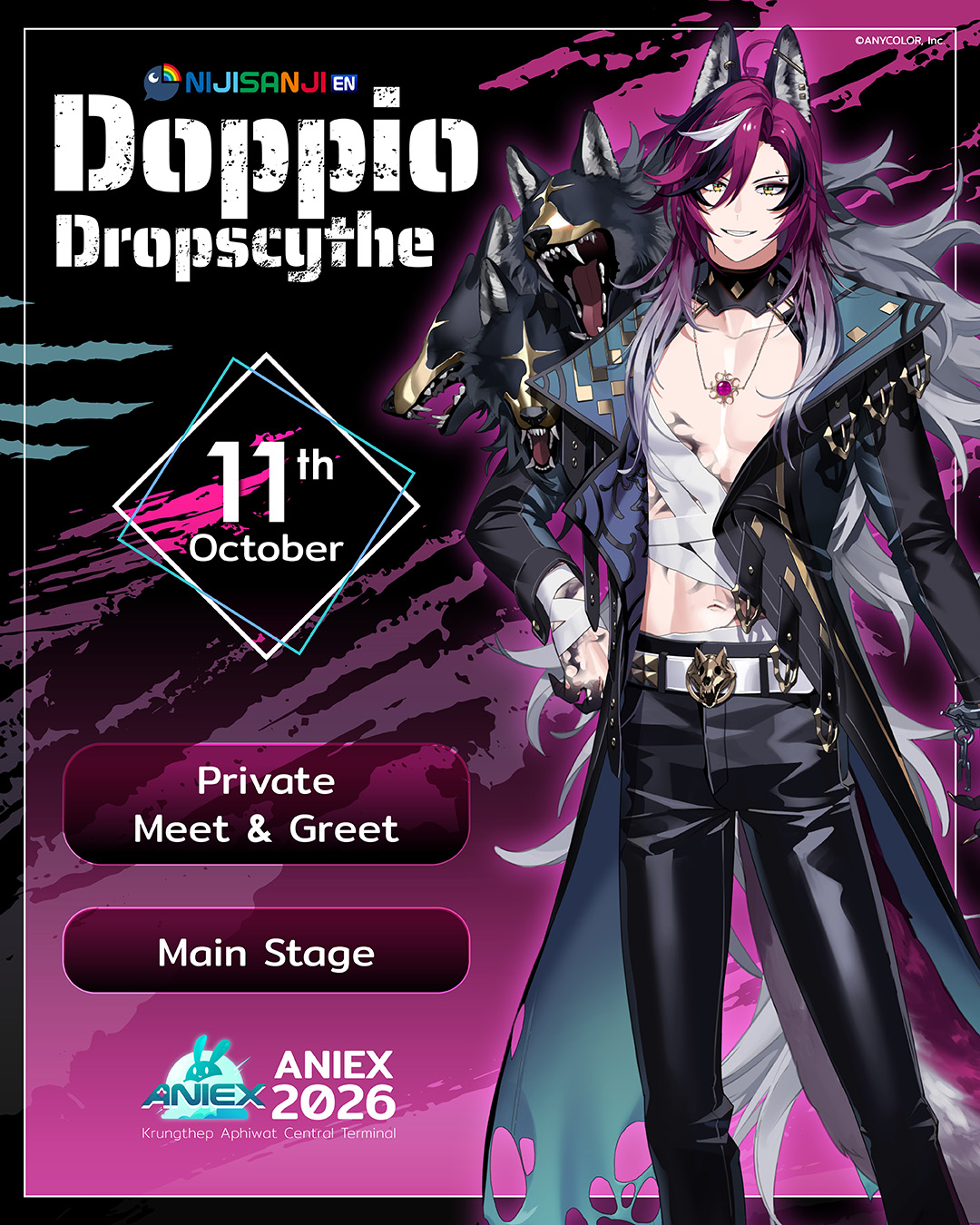 Doppio Dropscythe from NIJISANJI EN, one of the members of XSOLEIL. Come meet him at AniEx 2026!
