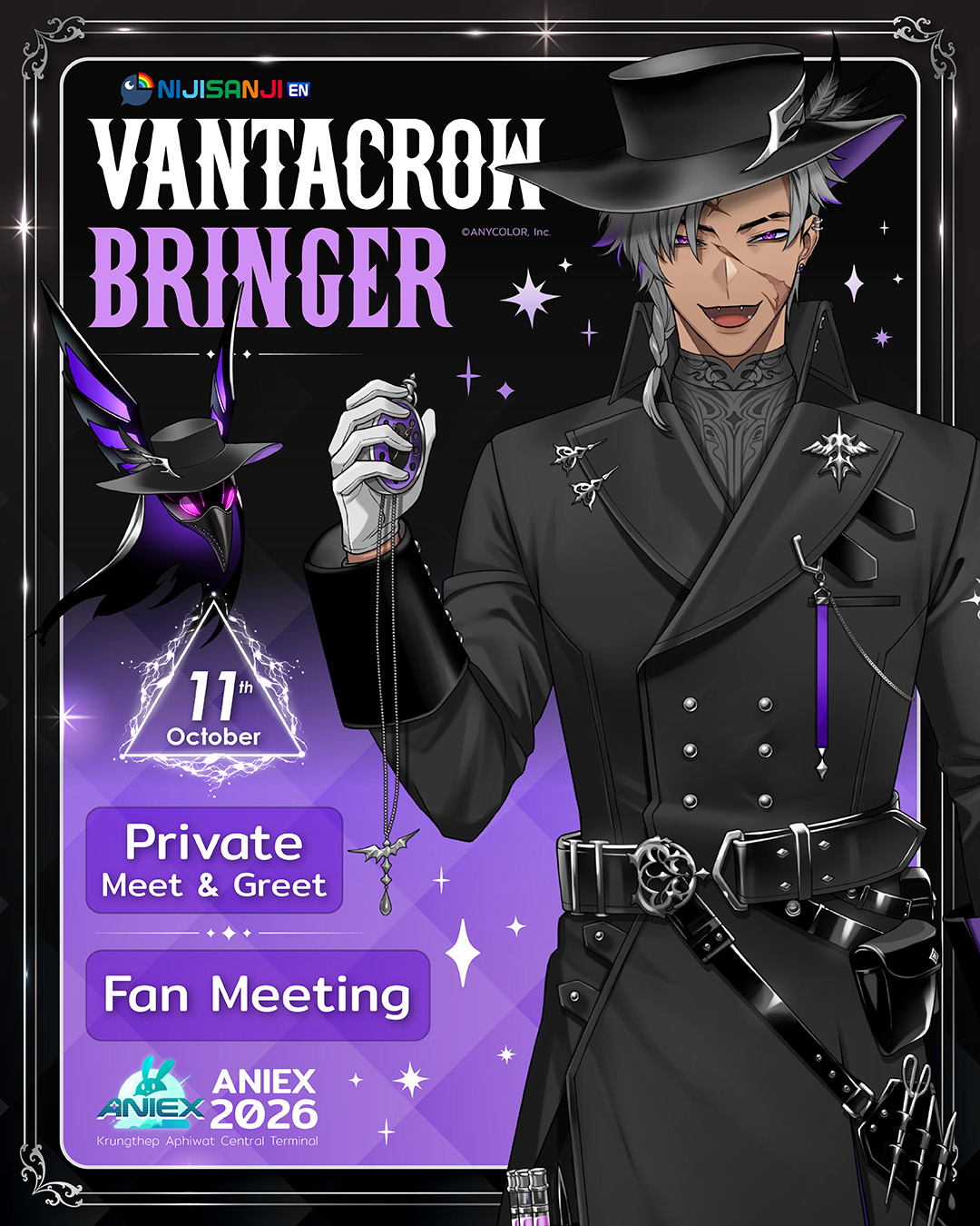Vantacrow Bringer from NIJISANJI EN, one of the members of XSOLEIL. Come meet him at AniEx 2026!