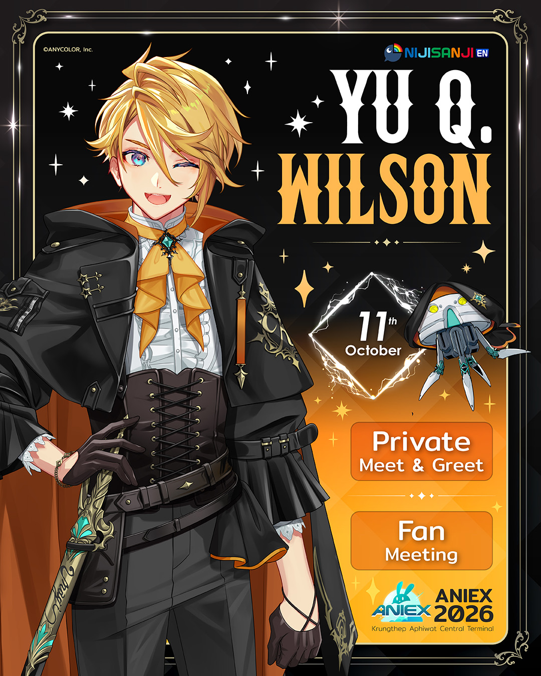 Yu Q.Wilson from NIJISANJI EN, one of the members of XSOLEIL. Come meet him at AniEx 2026!